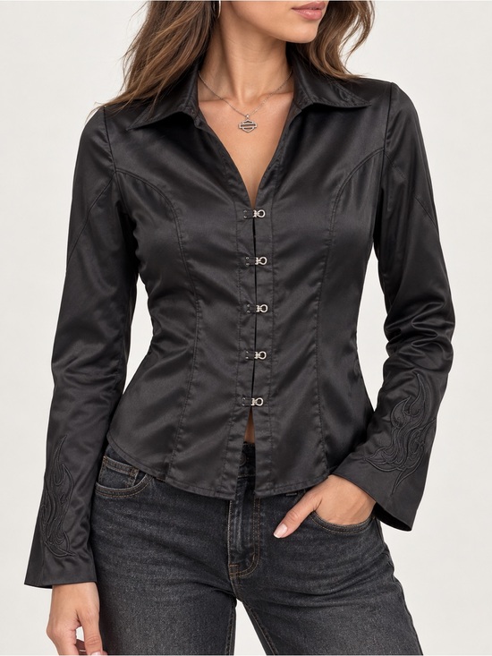 Harley-Davidson Tops - Vintage 2005 Harley-Davidson Black Satin Embroidered Hook Eye Shirt Women’s S